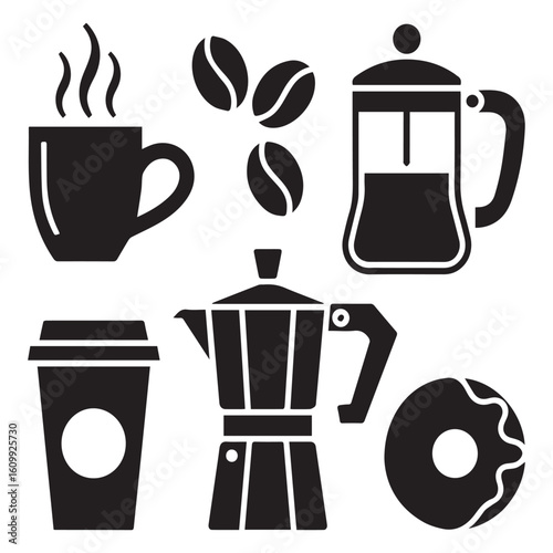 A steaming cup of coffee, coffee beans, a french press, a moka pot, a takeaway cup and a donut isolated on white background