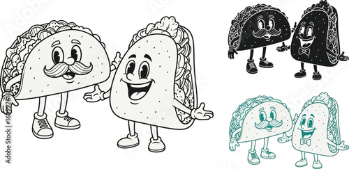 Cartoon tacos with faces, arms, and legs in black and white and teal color variations