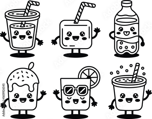 Cute kawaii drinks characters with happy faces and arms