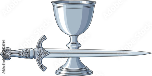 A silver chalice sitting on top of a silver dagger with decorative handle and guard design