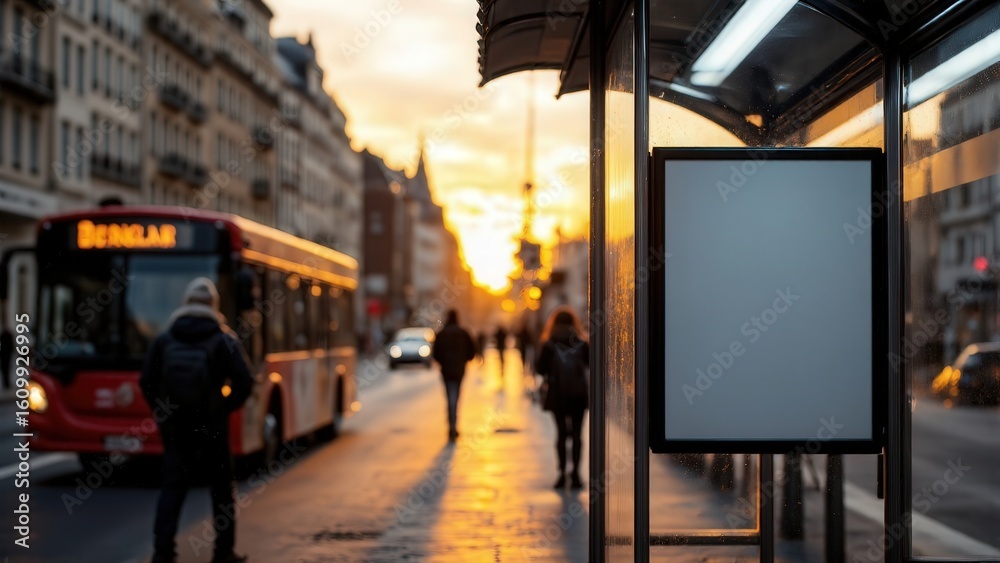 Obraz premium Bus stop poster mockup at sunset, modern glass shelter with people in winter clothes walking nearby, bus passing in background, urban street, advertisement billboard.