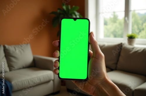 Green phone screen in hand, room on background.