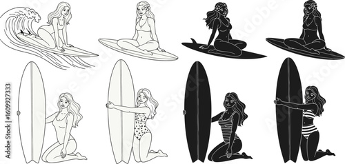 Illustration of women with surfboards in various poses and styles in black and white