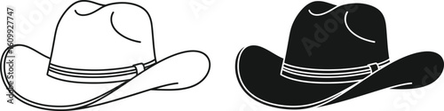 Two cowboy hats one in outline and one in solid black on a white background vector art