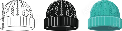 Three illustrations of knitted beanies in different styles and color on a white background