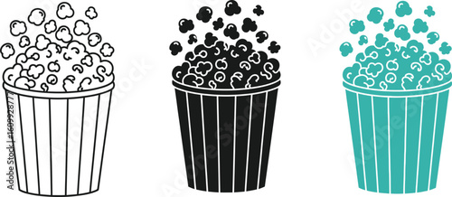 Illustration of three popcorn buckets in line art, black and white, and teal color