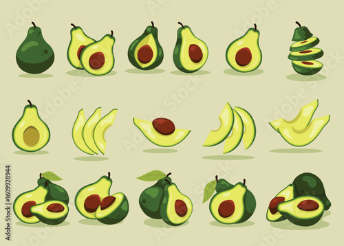 Collection of avocado illustrations showing whole, halved, sliced, and stacked avocados with pits, set against a light background.