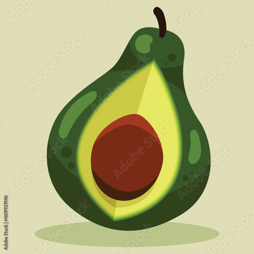 Illustration of a halved avocado with a visible pit, showcasing its green skin and yellow flesh against a light background.