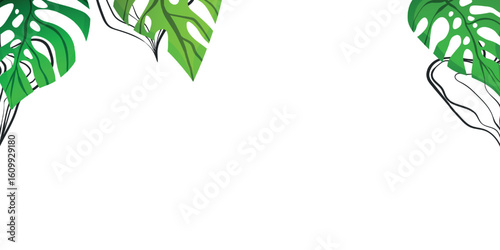 Floral frame with colorful exotic branches on white background. Ornate border with tropic leaves. Vector stock illustration for wallpaper, posters, card. Doodle style. Copy space.