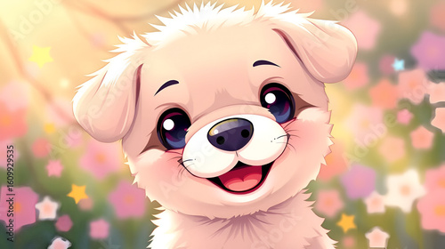 A cute, adorable, happy kawaii pappy smilling at viewer. Vibrant, dreamy vibe around the puppy. Kawaii art.