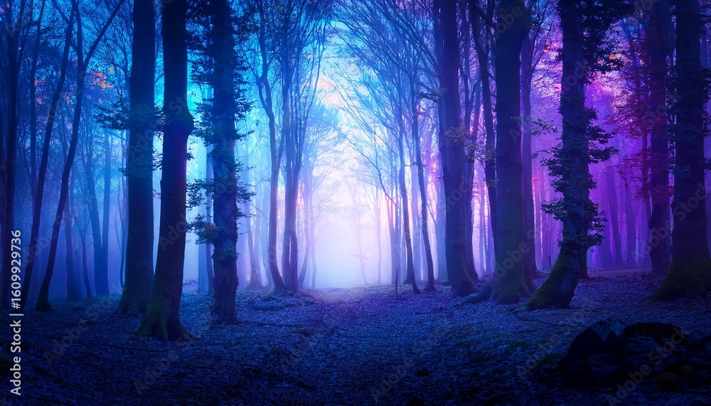 Fototapeta premium a mystical enchanted forest bathed in glowing blue and purple light