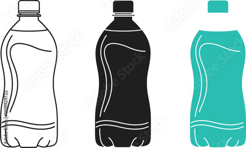 Illustration of three plastic bottles in white black and teal on a white background