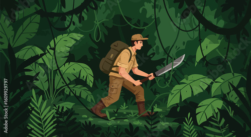 Explorer Cutting Through Jungle with Machete