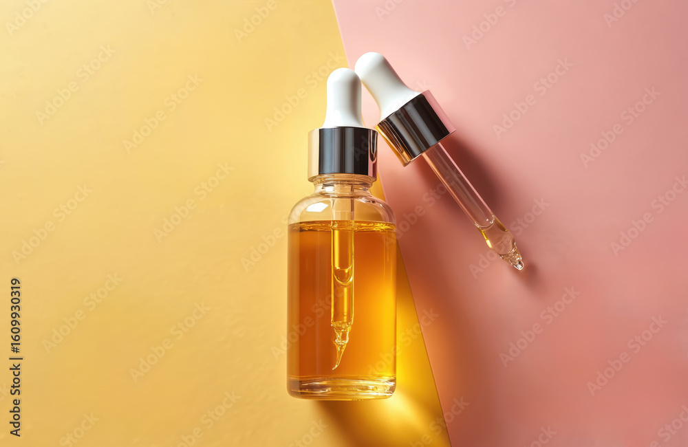 Naklejka premium Glass dropper bottle with golden serum, skincare product. Transparent natural oil for face hydration and beauty. Eco-friendly container with pipette, luxury cosmetic, summer colors.