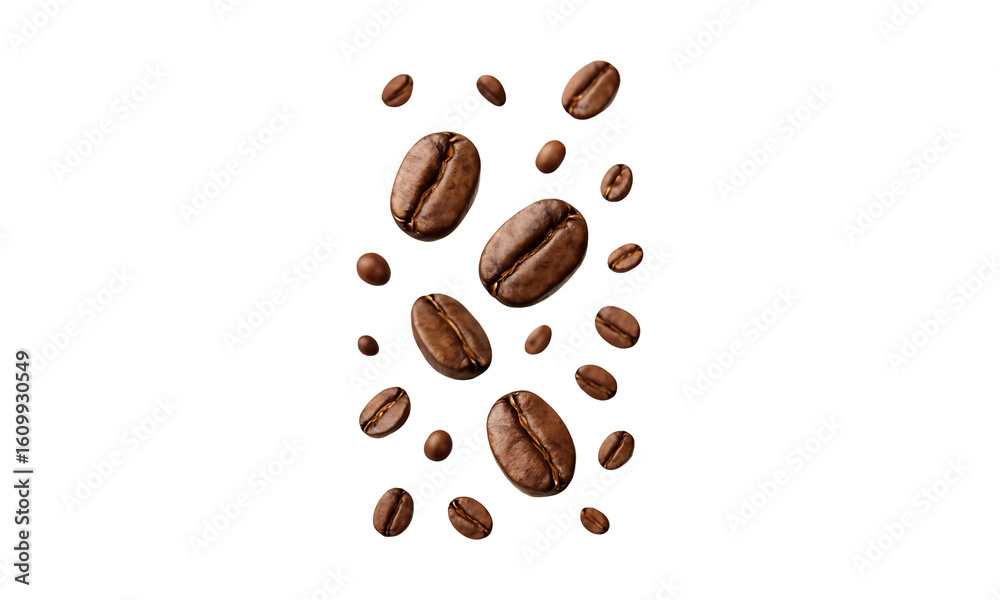 Obraz premium Roasted coffee beans falling isolated on transparent background