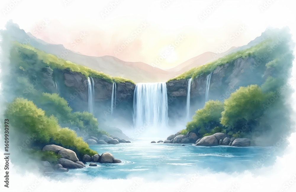 Fototapeta premium Watercolor illustration majestic mountain waterfall cascading into tranquil blue pool. Green foliage adorns rocky cliffs, with soft mist rising from falling water. Serene scenery captures of nature