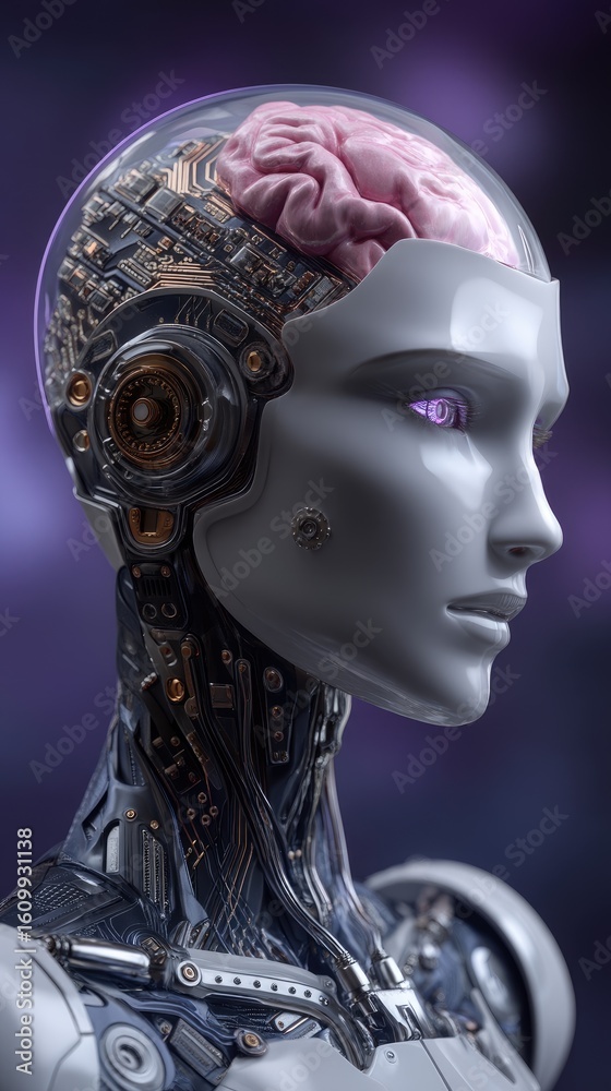 Obraz premium A futuristic humanoid robot displays intricate circuitry and an illuminated brain section, emphasizing the merging of technology and biology. This innovative design highlights biohacking concepts