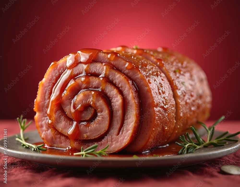Fototapeta premium Spiral ham glazed with rich sauce, glistening under warm light. Delicious centerpiece for holiday feasts special meal. Juicy meat, savory glaze, festive cranberry red background evoke culinary