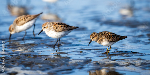 Least Sandpiper ( Calidris minutilla) with yellow legs and Western Sandpipers (Calidris mauri)  along the Washington coast during spring migration.