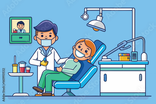 Dental hygienist in a white uniform cleaning a patient’s teeth using professional tools, both wearing protective gear in a bright, modern dental clinic. Flat vector illustration, isolated on a white b