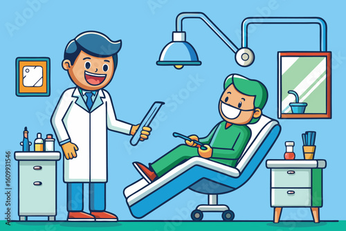Friendly cartoon dentist in a white coat examines a patient in a dental chair with a mask and instruments