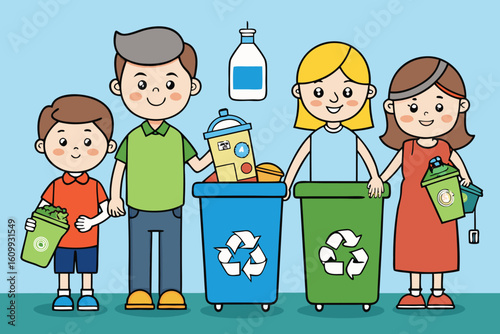 People participating in recycling by sorting waste into designated colorful bins promoting environmental responsibility