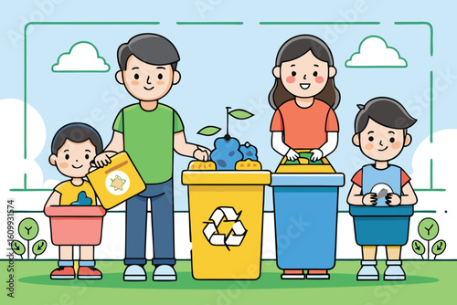 People actively participating in a community clean-up event, collecting litter and placing recyclable materials into labeled bins. Flat vector illustration promoting 