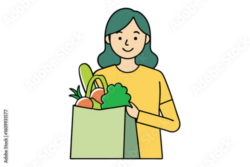 Smiling person holding a reusable grocery bag filled with fresh vegetables and produce