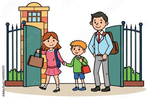 A father escorts his two happy children a girl and a boy to school through the open gates on a bright day