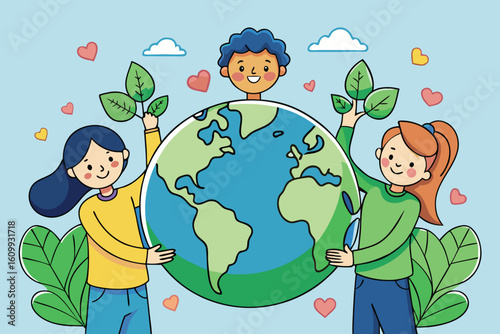 Children holding the earth and leaves symbolizing environmental care and a healthy planet for future generations