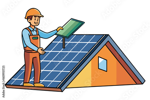 A smiling construction worker in an orange hard hat and overalls installs a solar panel on a house rooftop