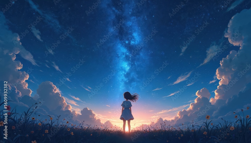 Fototapeta premium Young girl stands in a grassy field, gazing at a vast starry night sky filled with swirling nebulae and clouds. Anime style illustration evokes feelings of wonder, solitude, and hope.