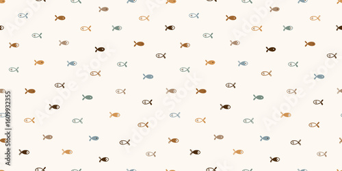 Small Fishes Seamless Pattern in Earth Tones Palette. Childish Playful Background with Doodle Cute Fish. Cartoon Sea Animals for Kids design Vector illustration