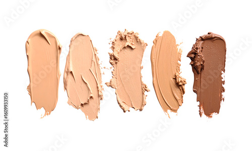 Five swatches of foundation makeup in different shades isolated on transparent background
