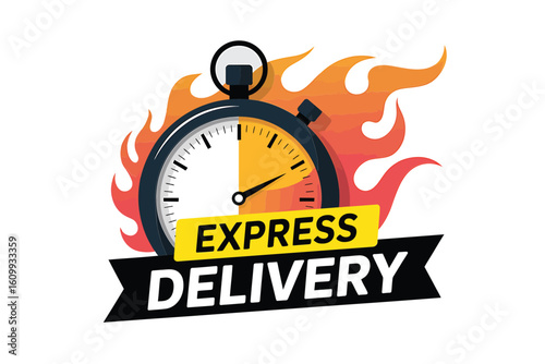 Urgent express delivery icon symbolizing fast shipping and rapid dispatch with a dynamic stopwatch and fiery flames igniting speed and efficiency for businesses