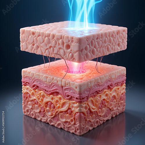 3D illustration of laser treatment penetrating skin layers, stimulating collagen regeneration and firming skin cells. A concept for skincare, anti-aging, and dermatology treatments.