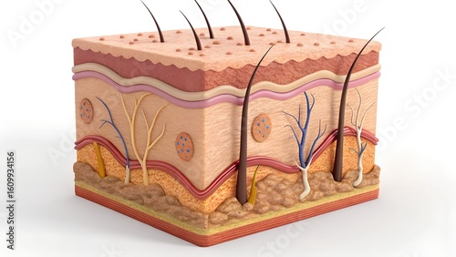 Hyperreal 3D cross-section of human skin — epidermis, dermis, and hypodermis shown in layers with hair follicles, sweat glands, and capillaries