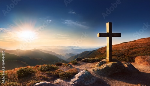 cross in the mountains christianity background with copy space