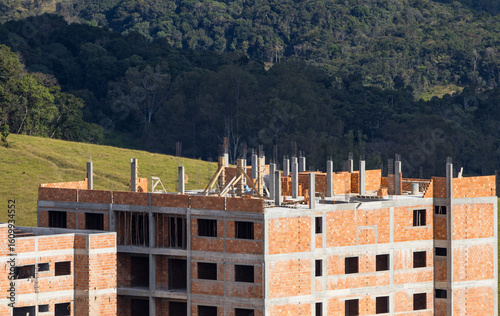 reinforced concrete and masonry buildings being constructed in front of a large area of preserved forest
