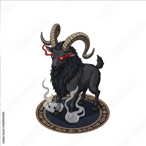 Fantasy-style goat demon with black fur and curled horns.