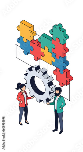 Team solving complex gear puzzle, symbolizing collaboration.