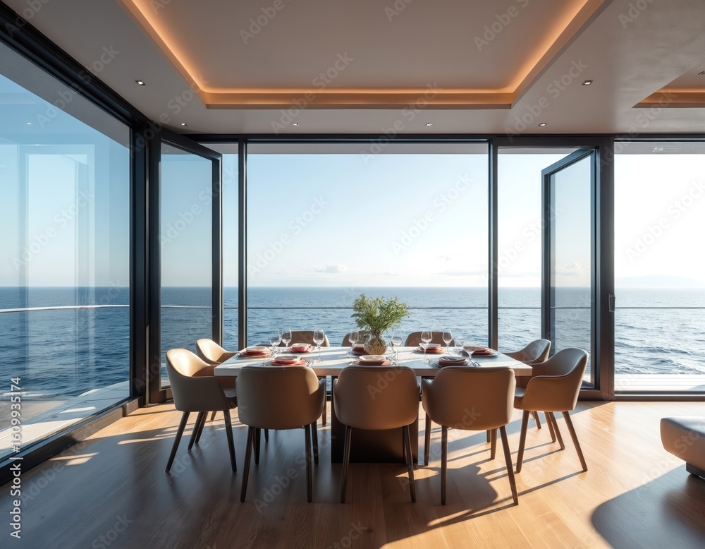 Fototapeta premium Modern minimalist yacht dining area features sleek furniture, a table set for a meal, and expansive windows with breathtaking ocean views. Enjoy luxury sea travel with contemporary interior design.