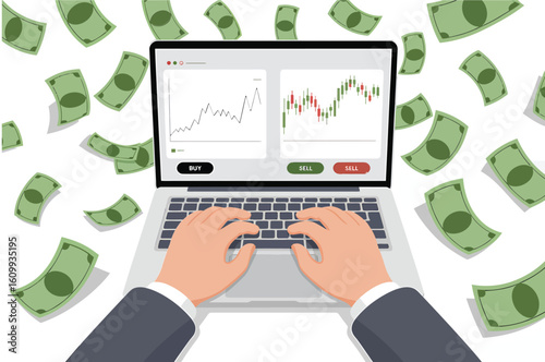 Dynamic hands actively trading stocks on a modern laptop surrounded by falling currency, symbolizing financial success and profitable investment opportunities in a vibrant digital market environment.
