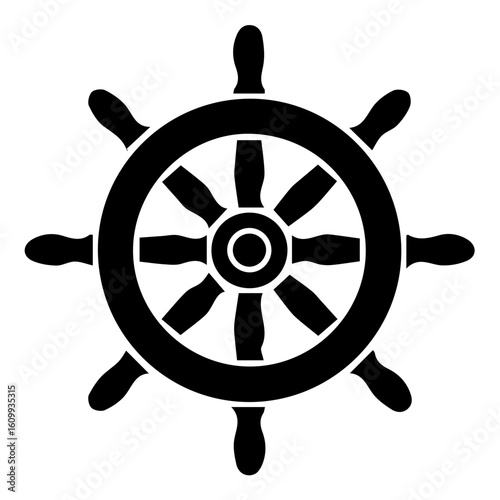 Simple black and white illustration of a ship's steering wheel.