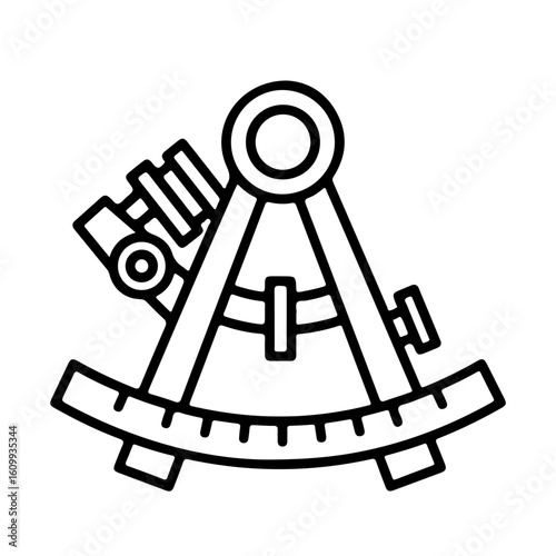 A detailed line drawing of a classic mariner's sextant, a navigational instrument used for measuring angles.