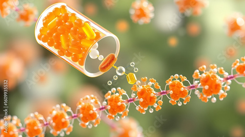 An artistic rendering of lipid-based nanoparticles in nutraceutical delivery, showing their enhancement of the bioavailability of vitamins and minerals.