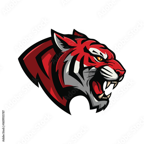 Fierce red tiger head roaring with aggression and power