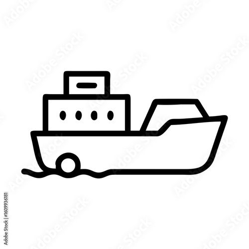 Outline drawing of a cargo ship with a cabin and a small wave under the ship