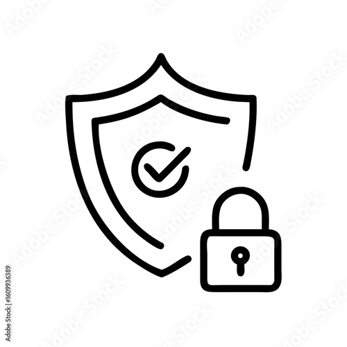 Outline security shield with checkmark and padlock icon in a simple design style