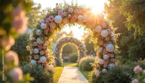 Wallpaper Mural Wedding garden party scene features floral garlands with white balloons adorning arches. Sunlight streams through plants, creating a dreamy, romantic atmosphere for an outdoor celebration. Torontodigital.ca